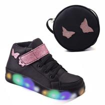 Tenis Feminino Botinha De Led Tira Colante Borboleta Glitter Luzinha + Bolsa Infantil