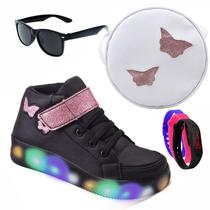 Tenis Feminino Botinha De Led Tira Colante Borboleta Glitter Luzinha + Bolsa Moda + Acessorios