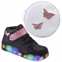 Tenis Feminino Botinha De Led Tira Colante Borboleta Glitter Luzinha + Bolsa Moda