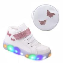 Tenis Feminino Botinha De Led Tira Colante Borboleta Glitter Luzinha + Bolsinha