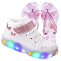 Tenis Feminino Botinha De Led Tira Colante Borboleta Glitter Luzinha + Chinelo - KIDS