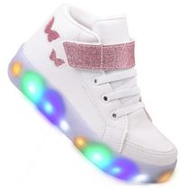 Tenis Feminino Botinha De Led Tira Colante Borboleta Glitter Luzinha