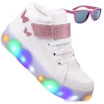 Tenis Feminino Botinha De Led Tira Colante Borboleta Glitter Luzinha + Oculos