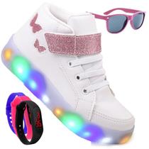 Tenis Feminino Botinha De Led Tira Colante Borboleta Glitter Luzinha + Relogio E Oculos