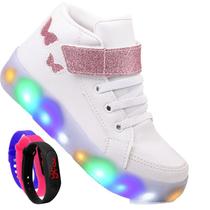 Tenis Feminino Botinha De Led Tira Colante Borboleta Glitter Luzinha + Relogio