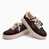 Tênis Feminino Bottero em Couro Marrom com Cadarço Bege e Solado Alto Confortável