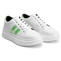 Tênis Feminino Branco com Listras Verde e Sola Borracha Plataforma