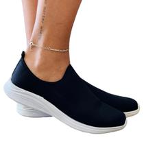 Tênis Feminino Caminhada Academia Casual Leve Flexível Confortável Meia Calce Fácil Slip On Preto Liso - MALÔ CALÇADOS