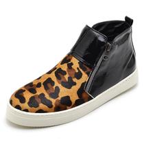 Tênis Feminino Cano Alto Estilo Bota Estampa Onça Casual Couro Preto Moda Fashion Festa Trabalho Tênis Feminino Cano Alto Estilo Bota Estampa Onça Casual Couro Preto Moda Fashion Festa Trabalho