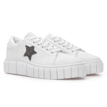 Tênis Feminino Casual Branco Plataforma Sola Alta Estrela Strass Confortável Oversize Brilhante