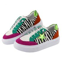 Tenis Feminino Casual Camurça Fechamento Cadarço Animal Print Zebra Palmilha Gel Macia Dia a Dia