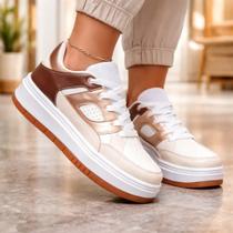 Tênis Feminino Casual Couro Sola Alta Estiloso Leve