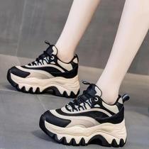 Tênis Feminino Casual De Couro Com Plataforma Crescente De Altura 8cm Moda Fundo Grosso Sapatos De