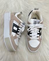 Tênis Feminino Casual em Couro e Camurça com Cadarço - By Cool (Parô) - Branco, Bege e Preto