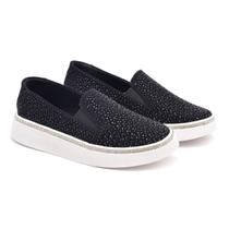 Tênis Feminino Casual Slip On Preto com Brilhos