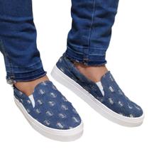 Tenis Feminino Casual Slip On Sapatenis Jeans Rasgado Glitter Confort