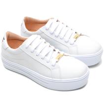 Tênis Feminino Couro Plataforma Casual Cano Baixo Branco