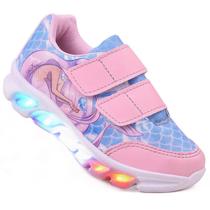 Tenis Feminino De Led Calce Facil Infantil Sereia Personagem Diversão Luzinha + Relogio