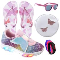 Tenis Feminino De Led Calce Facil Refletivo Infantil Sereia + BolsaB Chinelo Oculos Relogio