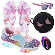 Tenis Feminino De Led Calce Facil Refletivo Infantil Sereia + BolsaP Chinelo Oculos Relogio