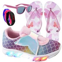 Tenis Feminino De Led Calce Facil Refletivo Infantil Sereia + Chinelo Oculos Relogio