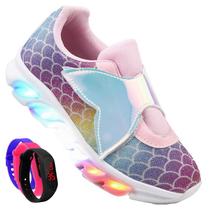 Tenis Feminino De Led Com Calce Facil Refletivo Infantil Sereia Personagem DiversÃo Luzinha + Relogio Tenis Feminino De Led Com Calce Facil Refletivo Infantil Sereia Personagem DiversÃo Luzinha + Relogio
