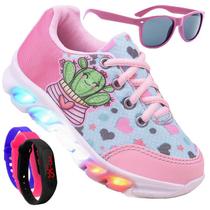 Tenis Feminino De Led Infantil Corações Personagem Diversão Luzinha + Oculos + Relogio