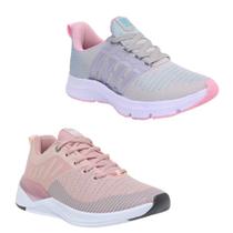 Tênis Feminino Esportivo Caminhada Corrida Confortável Kit Cinza/Rosa 35