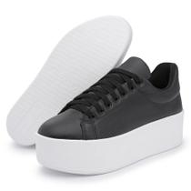 Tênis Feminino Flat Form Casual Confortável Moderno Cadarço Preto 36