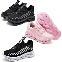 Tênis Feminino Infantil Esporte Sola Trançada Confortavel Kit 3 Peças Rosa/Preto