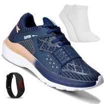 Tenis feminino leve p/ academia e caminhada ryn r1503 azul + relógio + meia