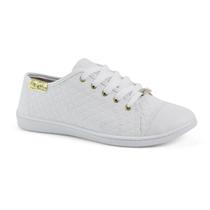 Tênis Feminino Moleca Detalhes Dourados Com Cadarço Branco Tênis Feminino Moleca Detalhes Dourados Com Cadarço Branco