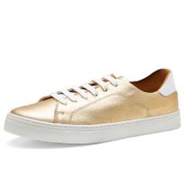 Tênis feminino Pierrô slip on couro legítimo cor ouro com detalhe cor branco