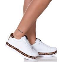 Tênis Feminino Plataforma Animal Print Branco Onça Estilo Shoes
