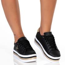 Tenis Feminino Plataforma Bordado Fé Preto Dourado - Shop Estilo Shoes