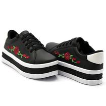 Tênis Feminino Plataforma Preto Bordado Floral Casual Confortável Tênis Feminino Plataforma Preto Bordado Floral Casual Confortável