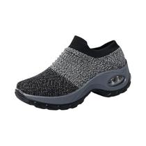 Tênis Feminino Preto Respirável Em Malha Para Caminhada, Plataforma Fashion, Calçados Vulcanizados