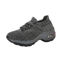Tênis Feminino Respirável De Malha Com Plataforma Grossa E Aumento De Altura, Estilo Slip-on Para