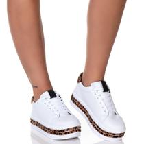 Tênis Feminino Salto Plataforma Animal Print Branco Onça - Shop Estilo Shoes