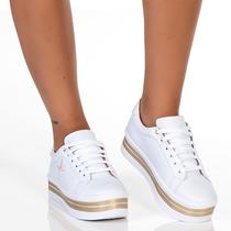 Tenis Feminino Salto Plataforma Bordado Fé Branco Dourado - Estilo Shoes