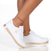 Tenis Feminino Salto Plataforma Bordado Fé Branco Dourado - Shop Estilo Shoes
