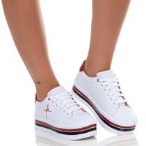 Tenis Feminino Salto Plataforma Bordado Fé Branco Vermelho - Estilo Shoes