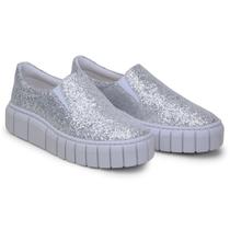 Tênis Feminino Slip On Brilho Sapatilha Calce Fácil Glitter Luxor