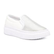 Tênis Feminino Slip On Com Brilho Plataforma Branco Prata