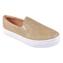 Tênis Feminino Slip on Iate Confortável Dourado Glitter Calce Fácil Feminina Casual