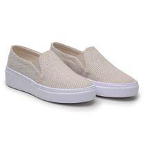 Tênis Feminino Slip On Tecido Lona Neutro Confortável