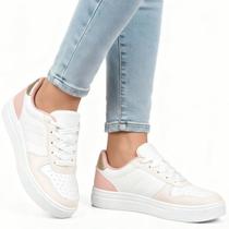 Tênis Feminino Sneakers Branco Sola Tratorado Estilo Chunky Dourado