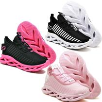 Tênis Feminino Solado Confort Trançado Esportivo - 3 Pares Preto e Rosa