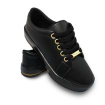 Tênis Feminino Todo Preto Casual com listra Dourada Tênis Feminino Todo Preto Casual com listra Dourada