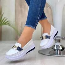 Tênis Femininos Casuais De Couro PU À Prova D'água, Com Bico Redondo, Slip-on, Para Caminhada